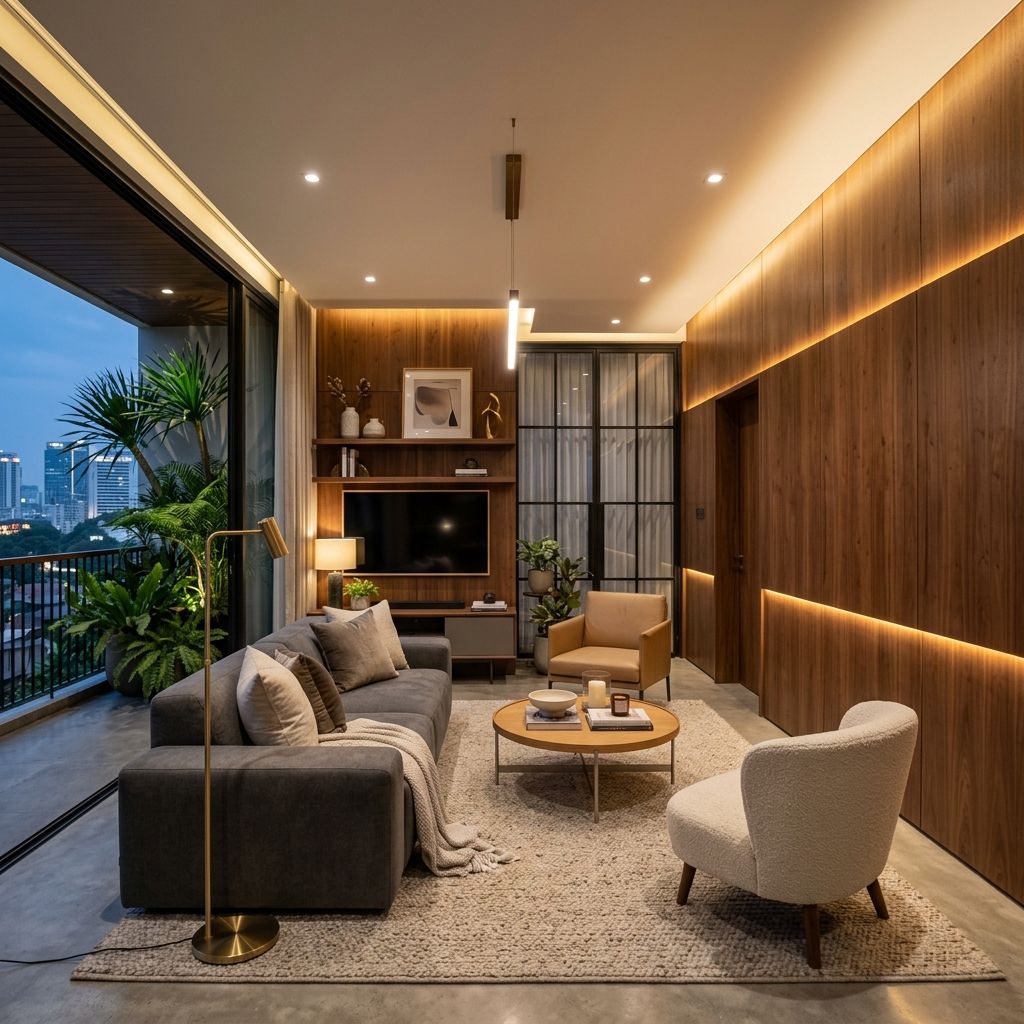Wall panel kayu walnut mewah di ruang keluarga