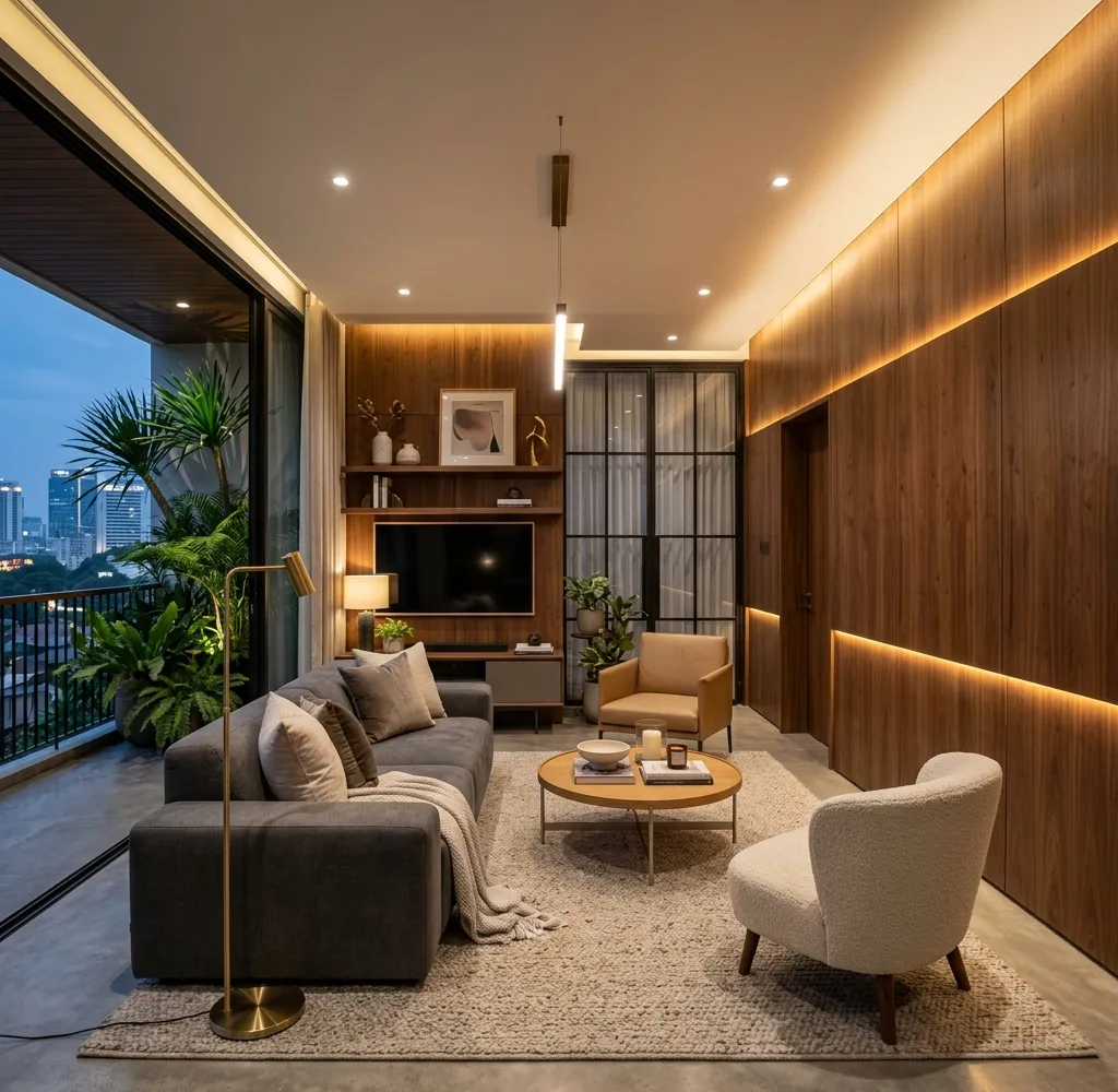 Detail wall panel kayu pada townhouse Jakarta